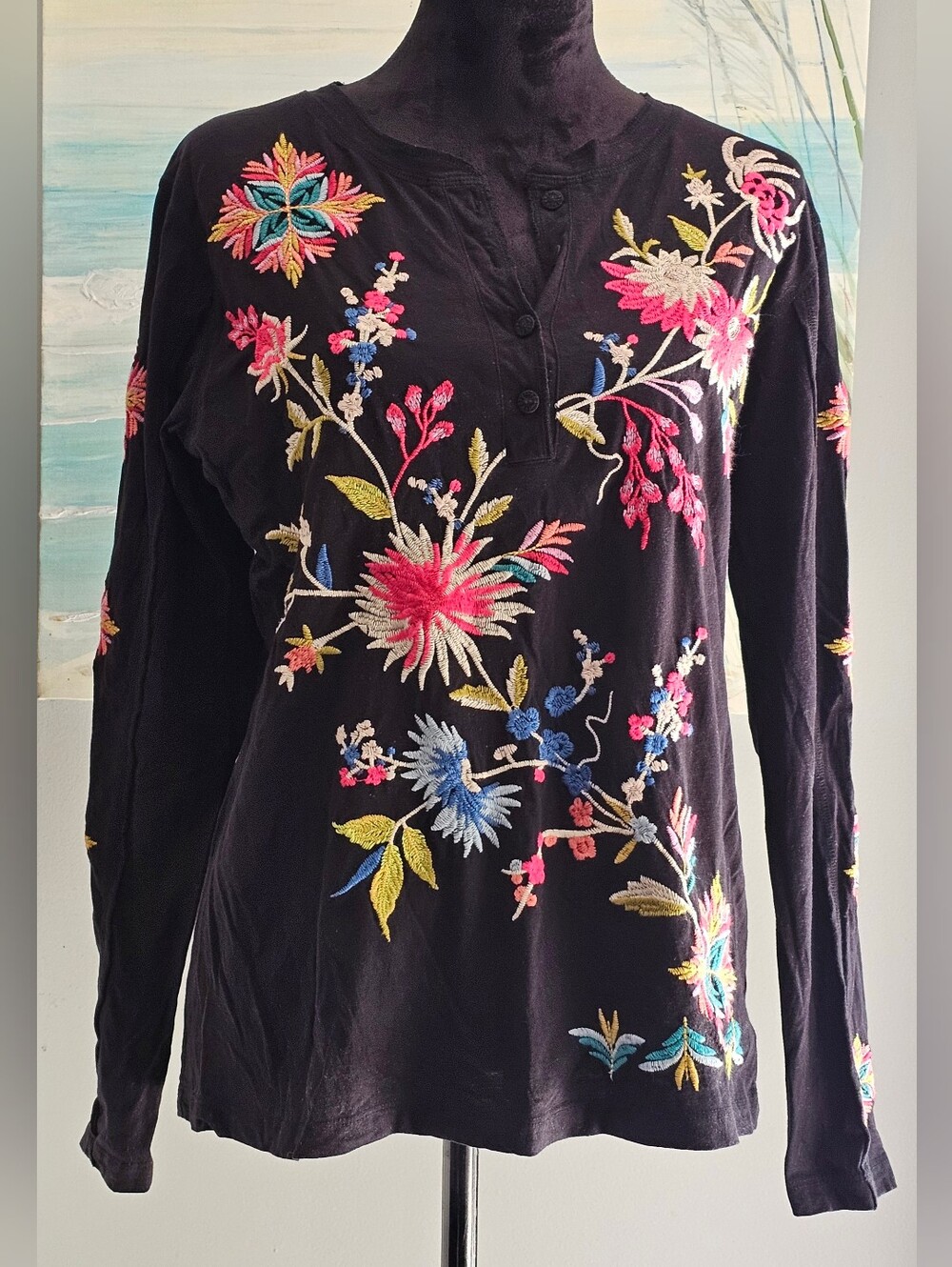 Johnny Was Floral Embroidered Henley